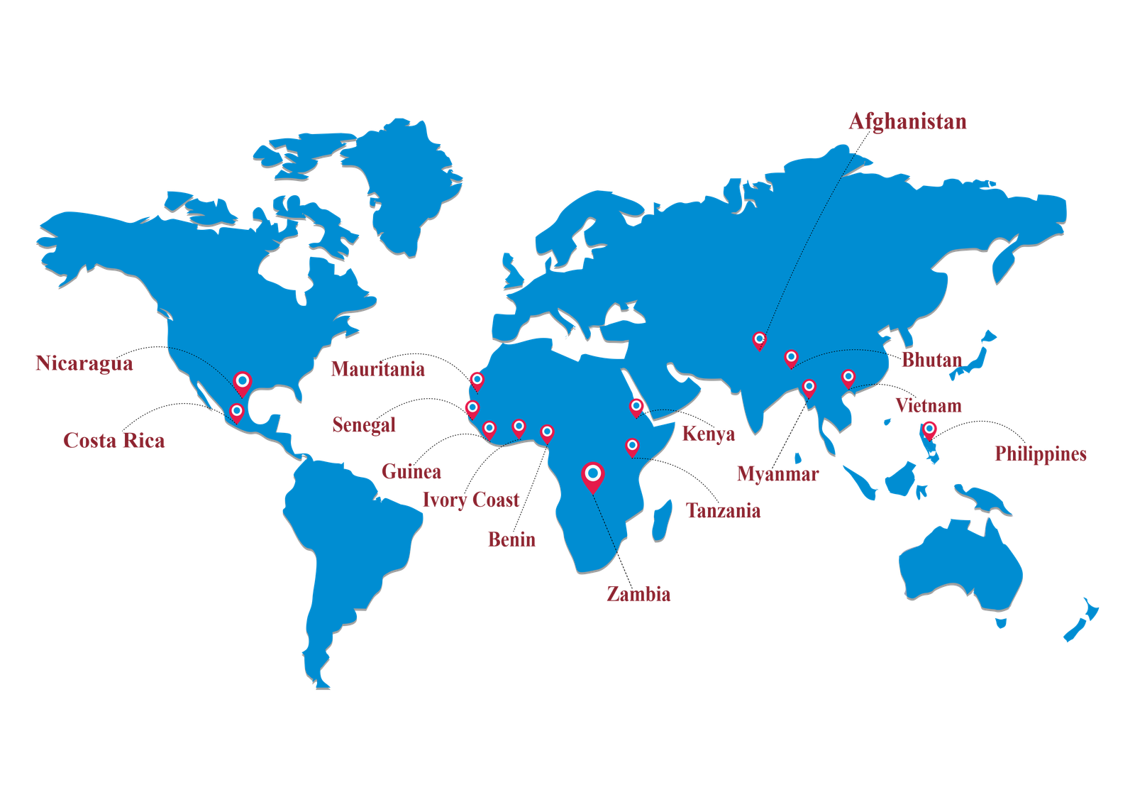World map marking Wings Biotech's 20 export markets